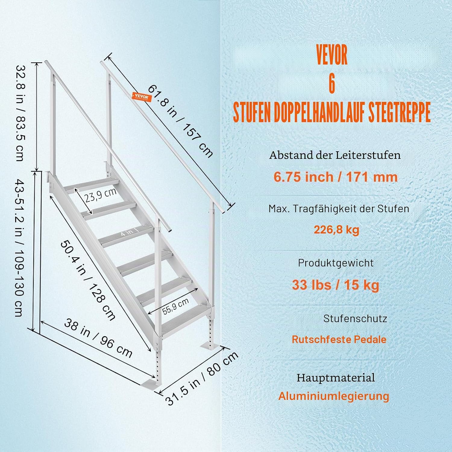 Poolleiter 6 Stufen Aluminiumlegierung FT-06 mit zwei Handläufen rutschfesten Pedalen 250 kg Tragfähigkeit