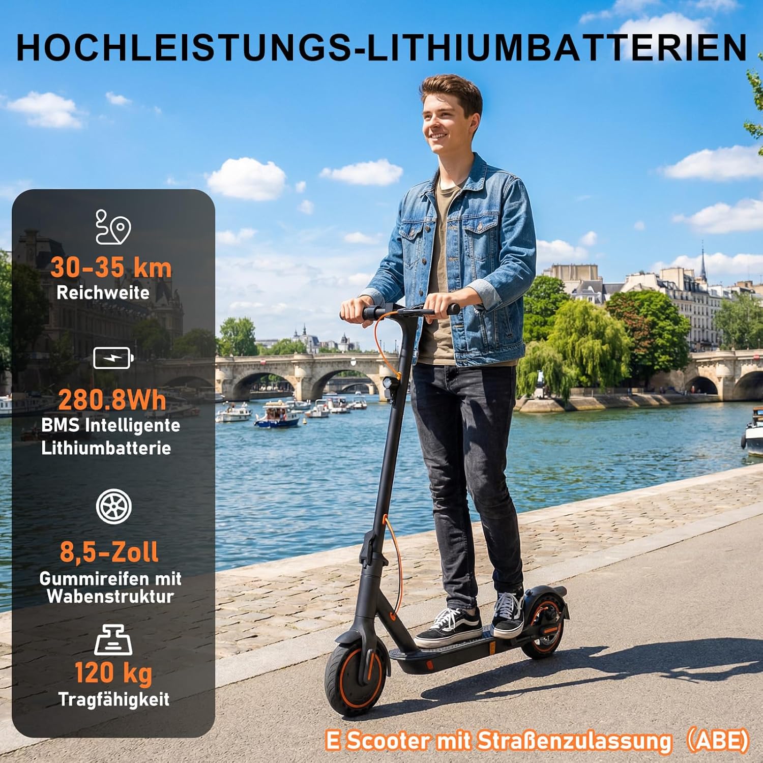 Elektroroller T3-DE mit Bluetooth App 350W Motor 30-35 km Reichweite 8,5 Zoll Wabenreifen Dual Bremssystem ABE