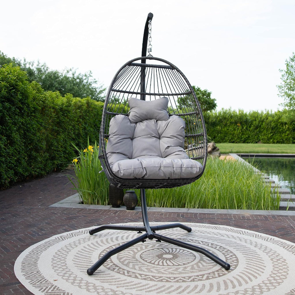 Hängesessel mit Gestell Korb Egg Schaukelstuhl Rattan Design Outdoor Indoor 150 kg Tragkraft Grau