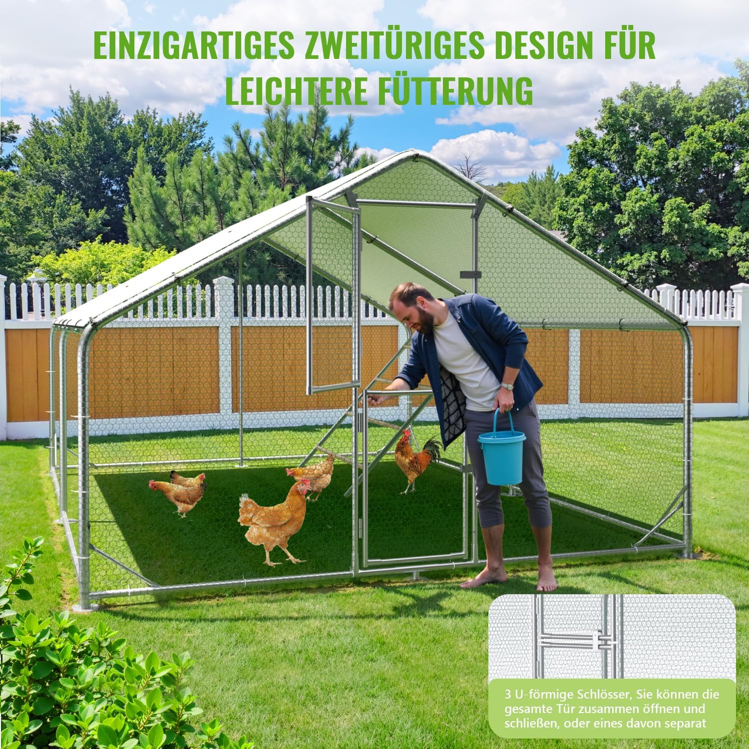 Hühnerstall Metall Freilaufgehege mit Dach CC3X4X2 3x4x2 m wetterfest für 10 bis 20 Hühner Sitzleiter Zubehör