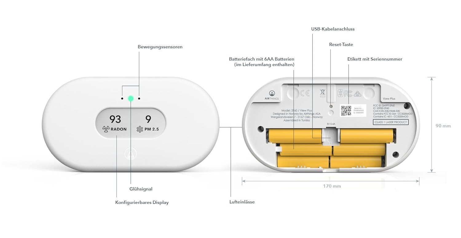 Luftqualitätsmessgerät View Plus Radon Feinstaub CO2 VOC Temperatur Luftfeuchtigkeit Luftdruck Smart Home WiFi