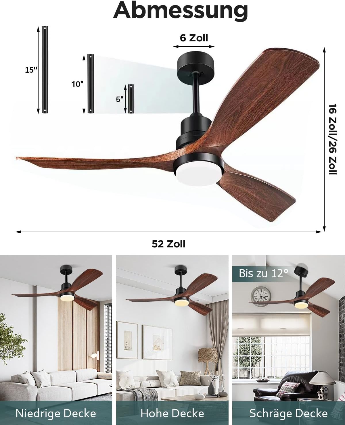 Deckenventilator mit LED-Beleuchtung und Fernbedienung QX-01-DE1 132 cm DC-Motor 3 Holzflügel 6 Geschwindigkeiten