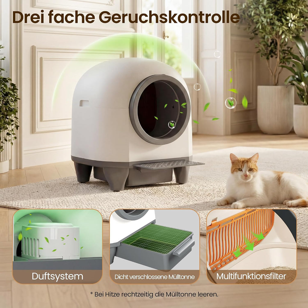 Selbstreinigende Katzentoilette 90L mit App Steuerung Sicherheitssensor Geruchsentfernung automatisches Katzenklo mit Matte