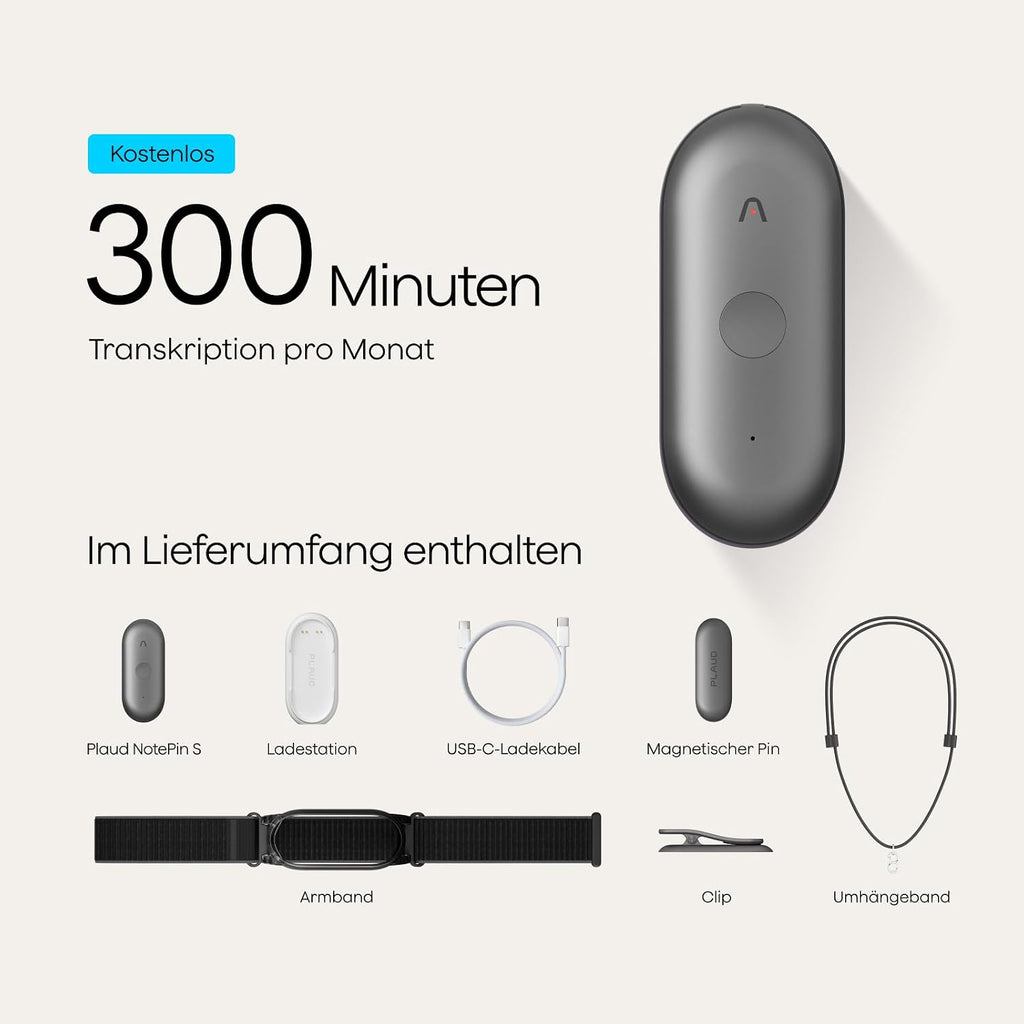 KI Diktiergerät NotePin S Sprachrekorder mit Transkription Zusammenfassung 64GB Speicher Aufnahmegerät mit 4 Zubehörteilen