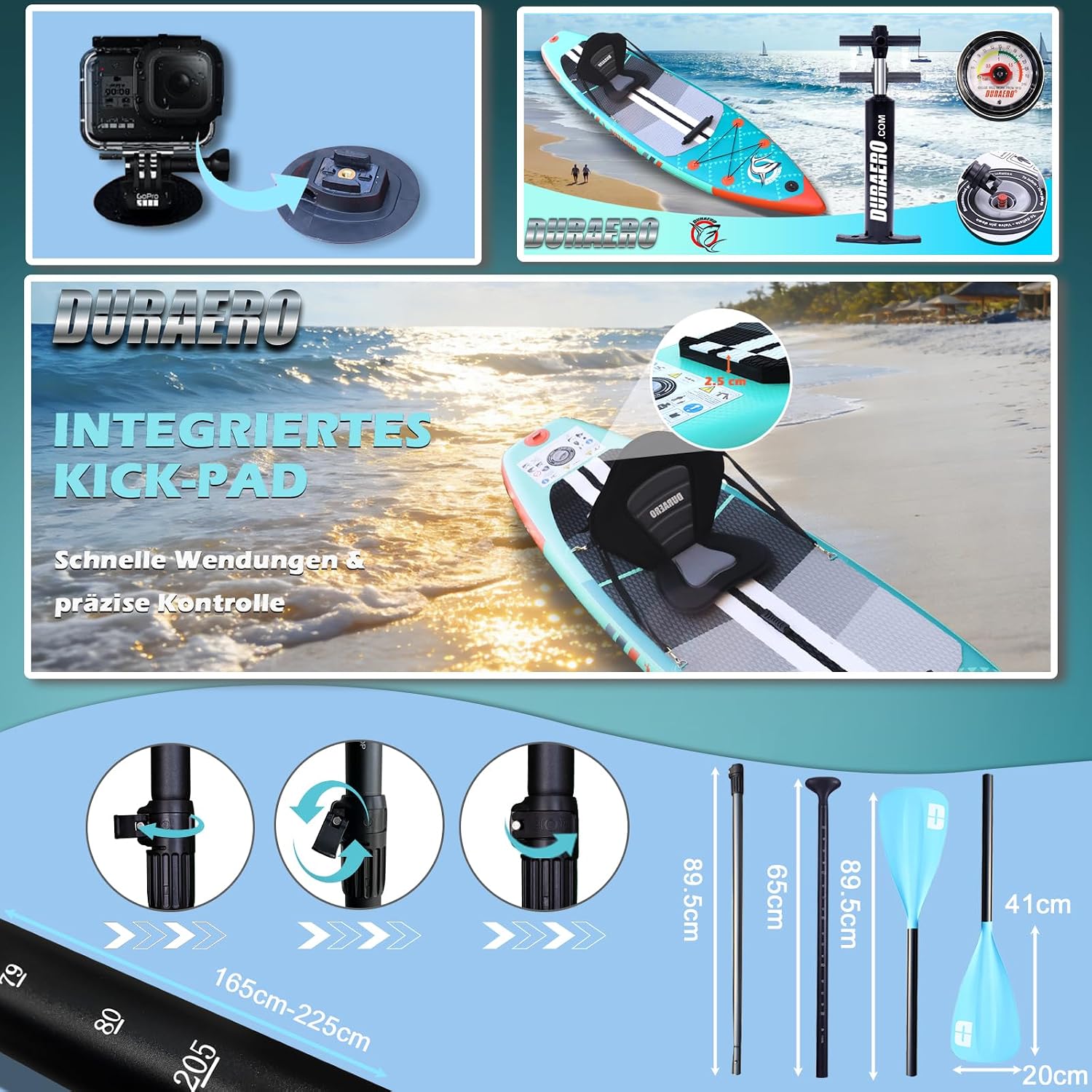 Aufblasbares SUP Board Set mit Kajak Sitz 330x76x15 cm bis 150 kg Tragkraft mit Doppel-Paddel 3 Finnen und Zubehör