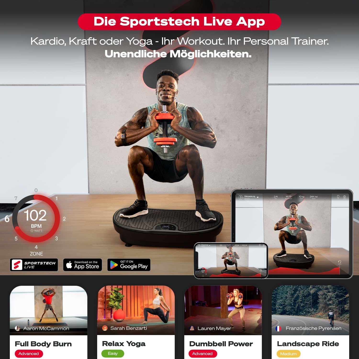 Vibrationsplatte VP250 Ganzkörpertraining mit 200 W 180 Stufen Bluetooth Lautsprecher Fernbedienung und Trainingsbändern