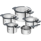 Kochtopfset 5-teilig Edelstahl Induktion mit Deckel integriertes Sieb Ausgießfunktion Stay-Cool Griffe grau 1009150