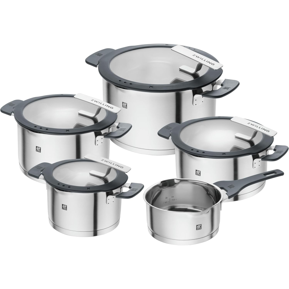 Kochtopfset 5-teilig Edelstahl Induktion mit Deckel integriertes Sieb Ausgießfunktion Stay-Cool Griffe grau 1009150