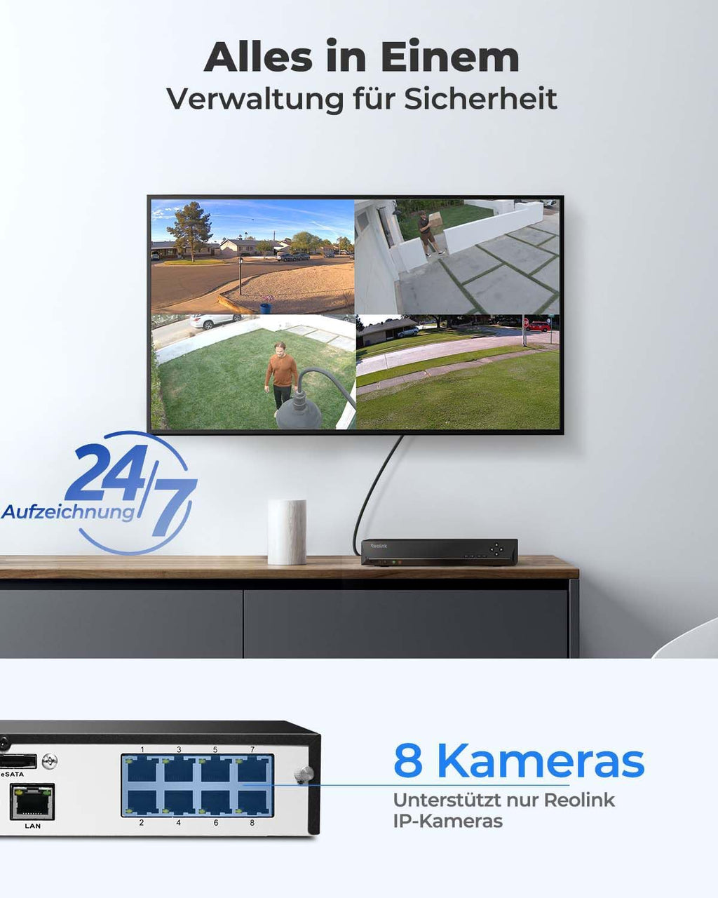 8CH 4K PoE NVR Überwachungsrekorder 2TB Festplatte RLN8-410 unterstützt IP Kameras System Haus Innen Aussen