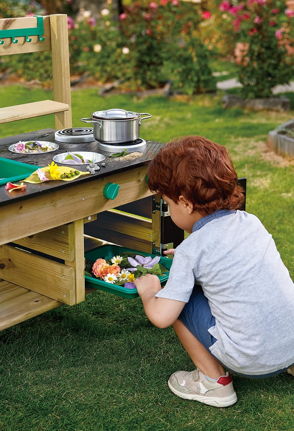 Outdoor Spielküche mit Zubehör aus Holz und Kunststoff E3193 für Kinder ab 3 Jahren wetterfest Garten Rollenspiel Küche