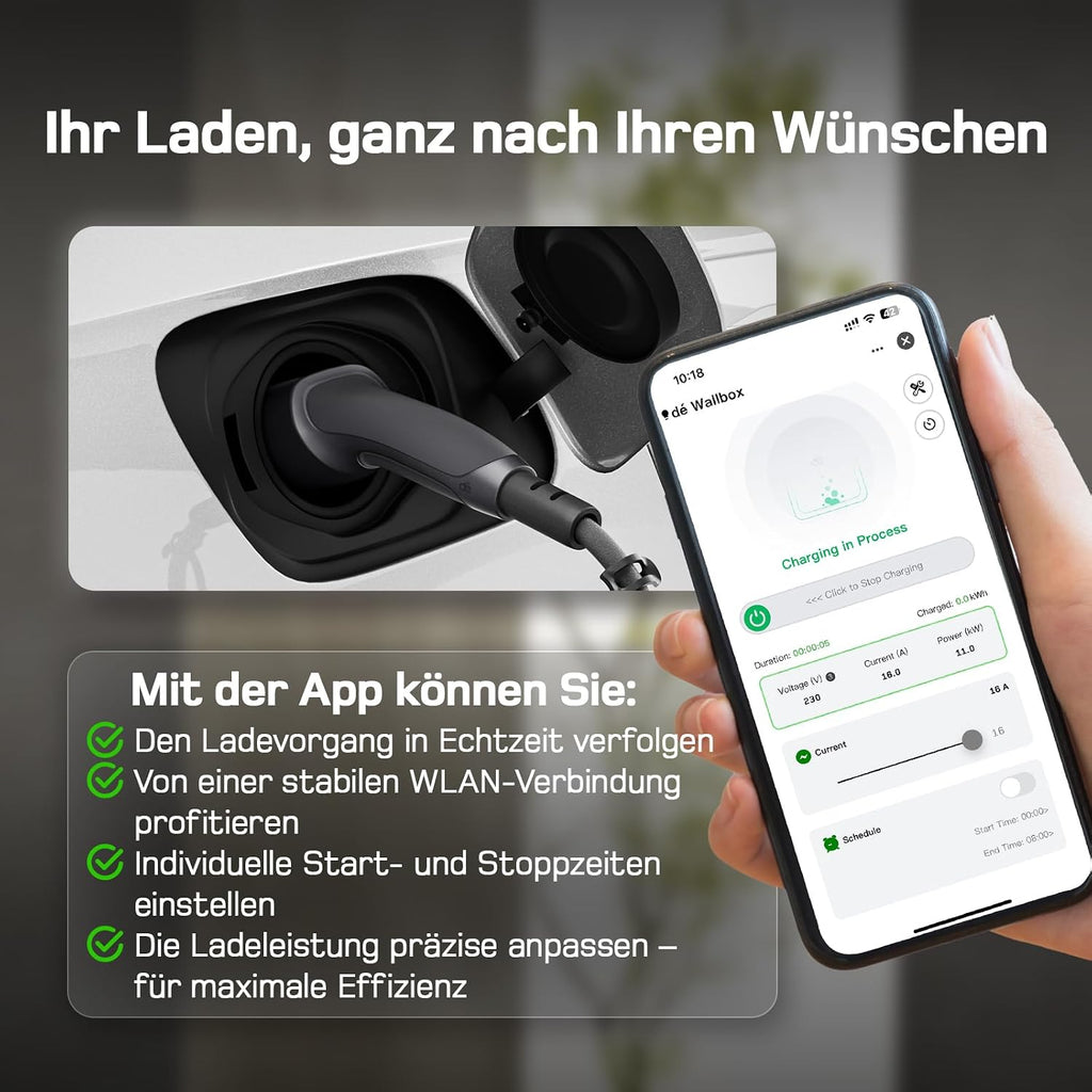 Mobile Wallbox 11kW Typ 2 10m 3-phasig 6-16A CEE 400V EV Ladegerät Einstellbare Ladeleistung App Steuerung