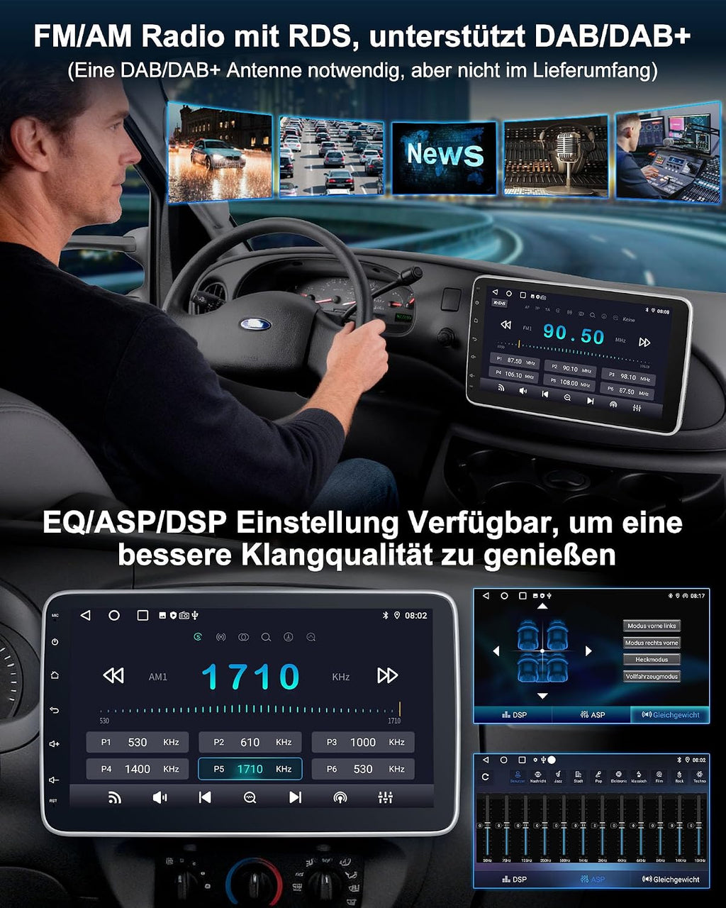 Single DIN Autoradio mit Touchscreen 10.1 Zoll Android 14 2GB 64GB Bluetooth CarPlay Android Auto Navigation Rückfahrkamera