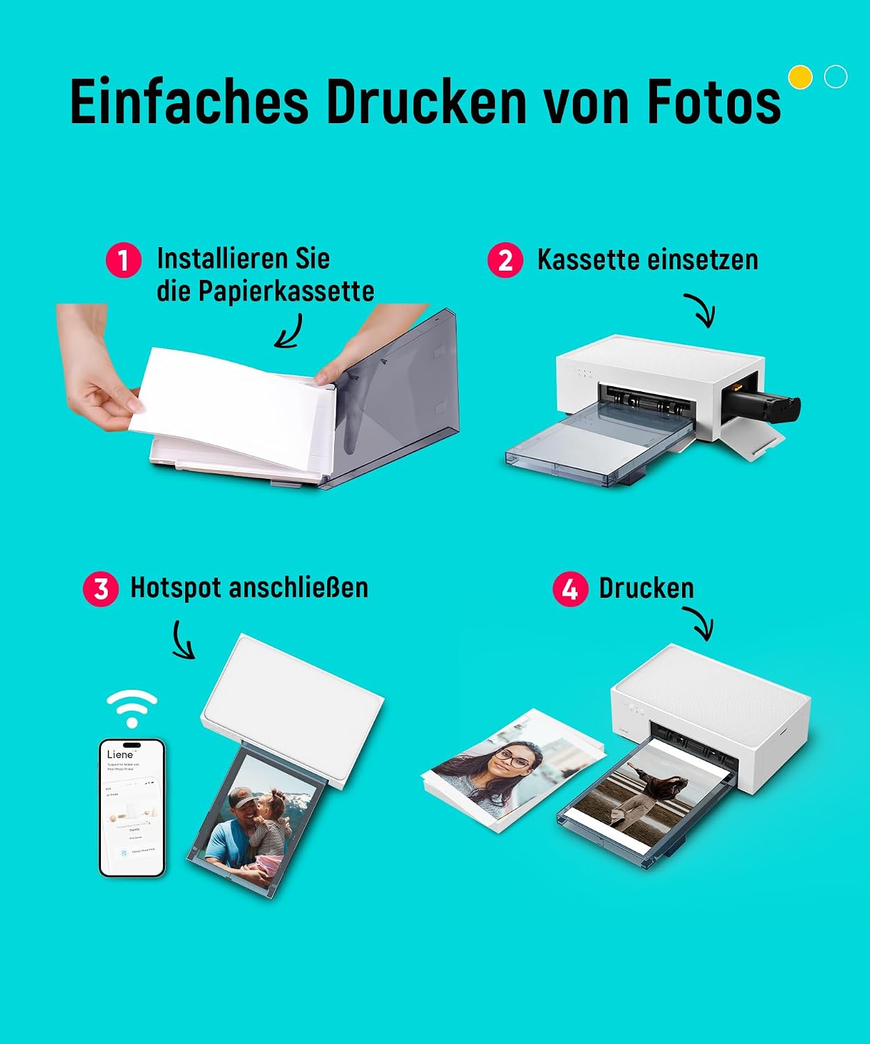 Fotodrucker DHP513 10x15 cm Farbsublimationsdrucker mit WLAN USB 300 DPI für Smartphone PC inklusive 100 Blatt Fotopapier