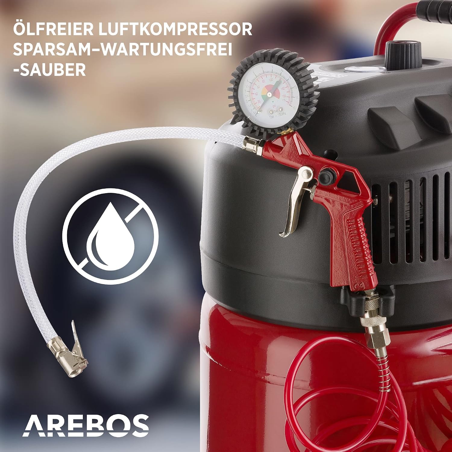 Druckluftkompressor AR-HE-LK150050S 50 L 1500 W 10 bar ölfrei mit 13-teiligem Zubehörset und 5 m Spiralschlauch
