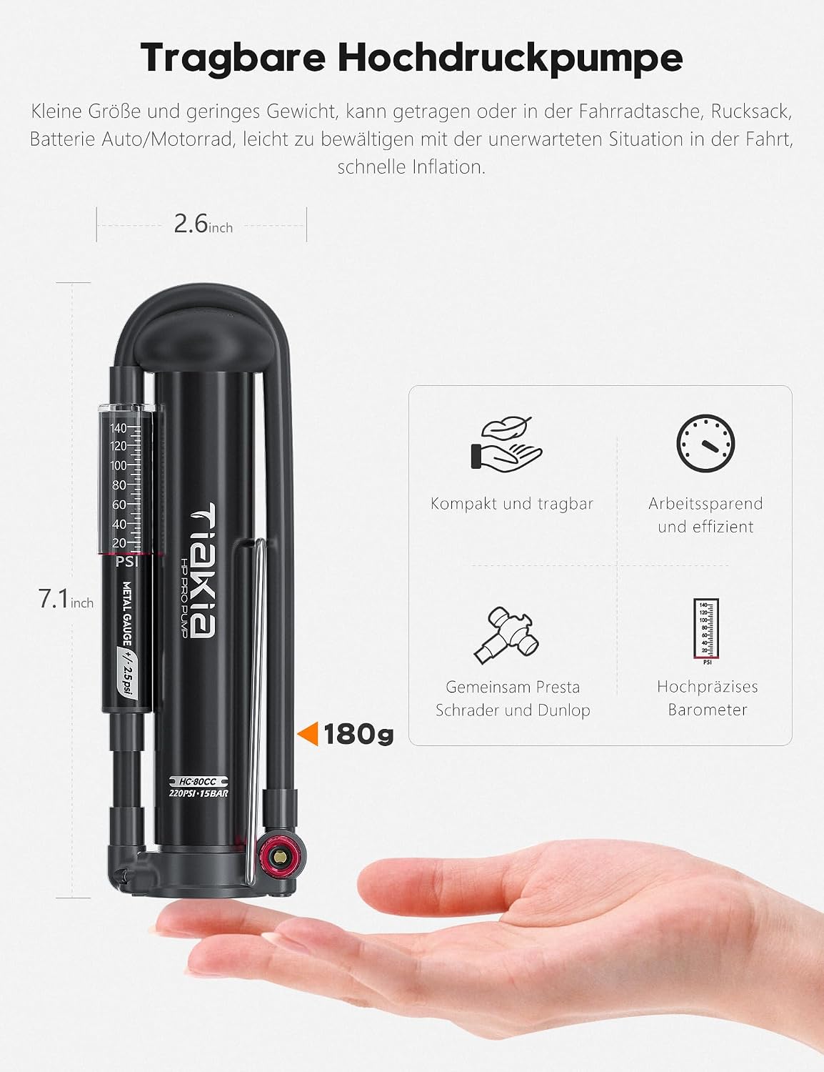 Fahrrad Standpumpe mit Manometer 220 PSI Mini Luftpumpe Aluminium kompatibel Schrader Presta Dunlop Ventile tragbar