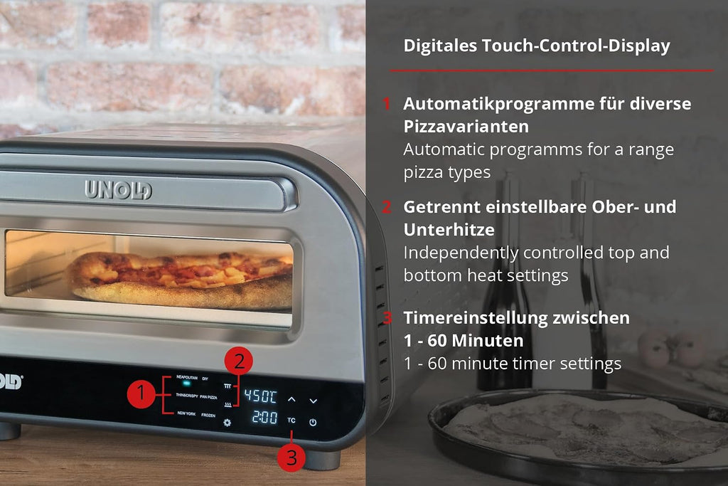 Elektrischer Pizzaofen LUIGI 68816 Edelstahl 450°C Pizzastein 1700W 9,7L kompakter Ofen für schnelle Pizza Backzeit