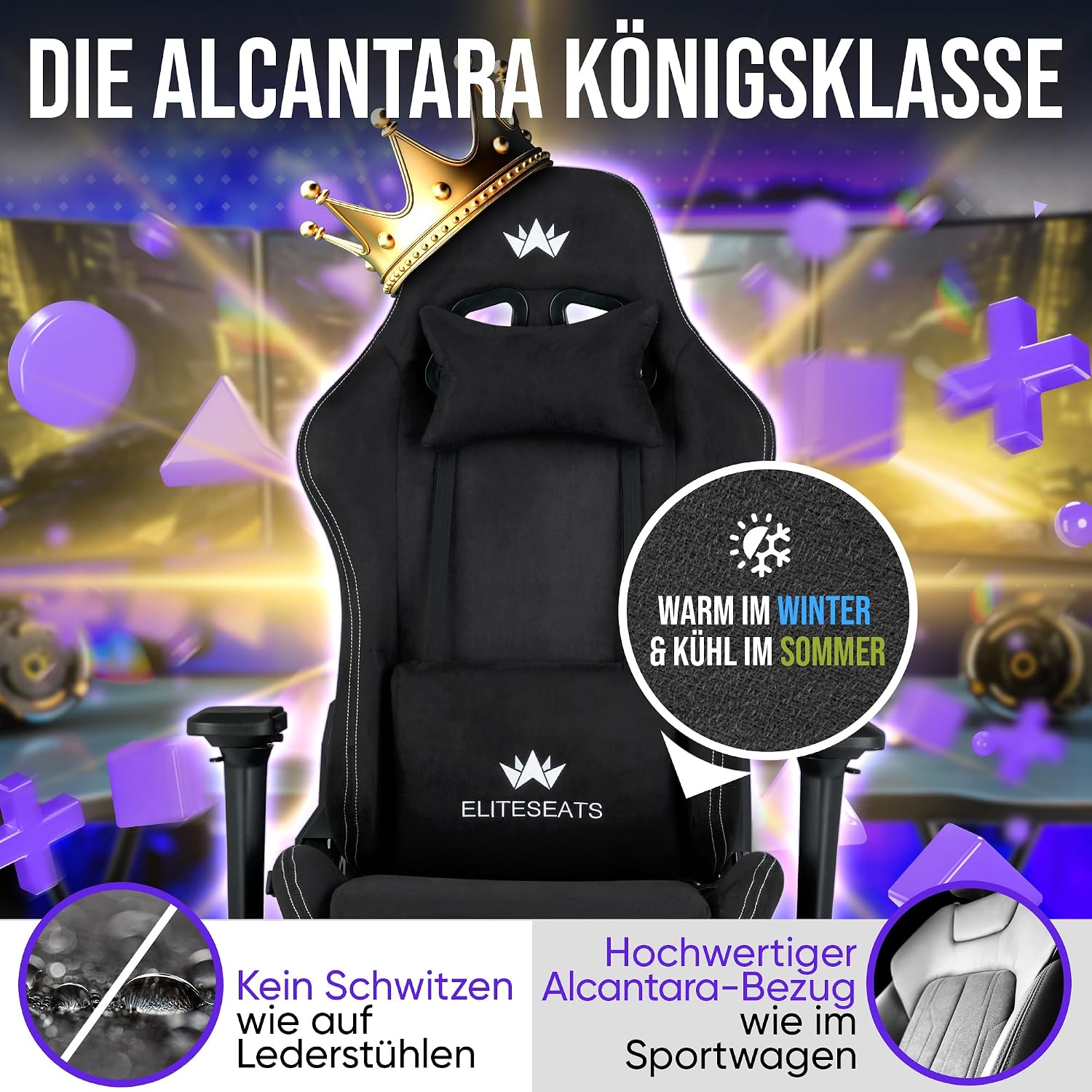 Ergonomischer Gaming Stuhl mit Fußstütze 4D Armlehnen Memory Foam Stoffbezug 150 kg Belastbarkeit