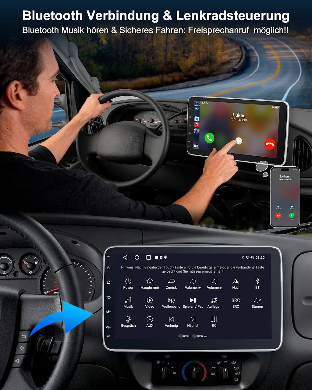 Single DIN Autoradio mit Touchscreen 10.1 Zoll Android 14 2GB 64GB Bluetooth CarPlay Android Auto Navigation Rückfahrkamera