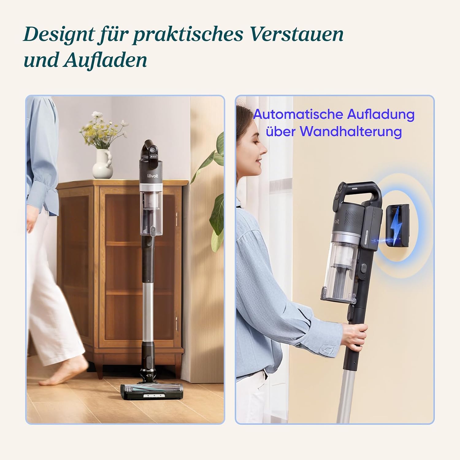 Akku Staubsauger LVAC-200 MAX kabellos mit HEPA Filter 70 Min Laufzeit Anti Haar Bürste für Teppich Hartböden und Auto