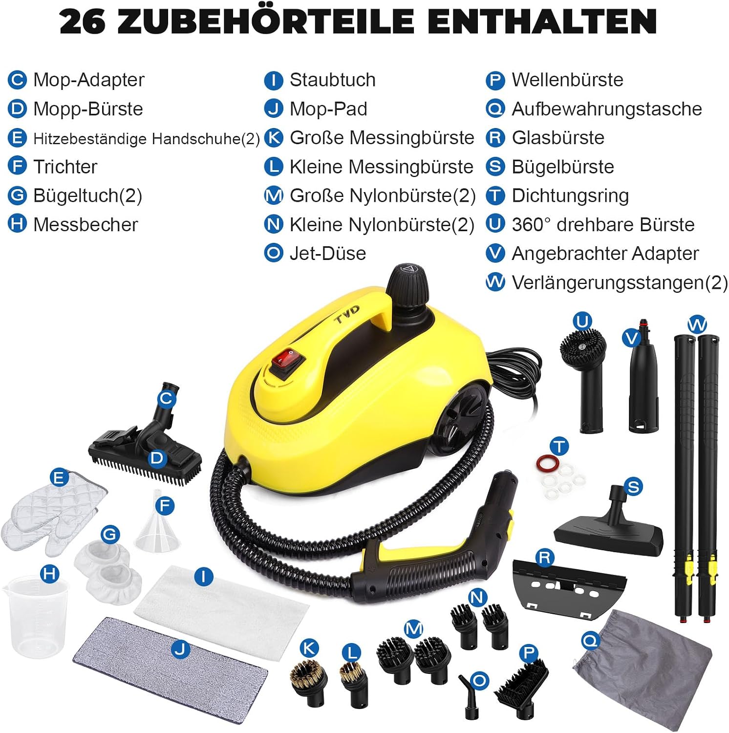 Dampfreiniger SW608-A 2000 W mit 1300 ml Wassertank 5 m Netzkabel Hochtemperatur-Dampfreinigung mit Reinigungszubehör