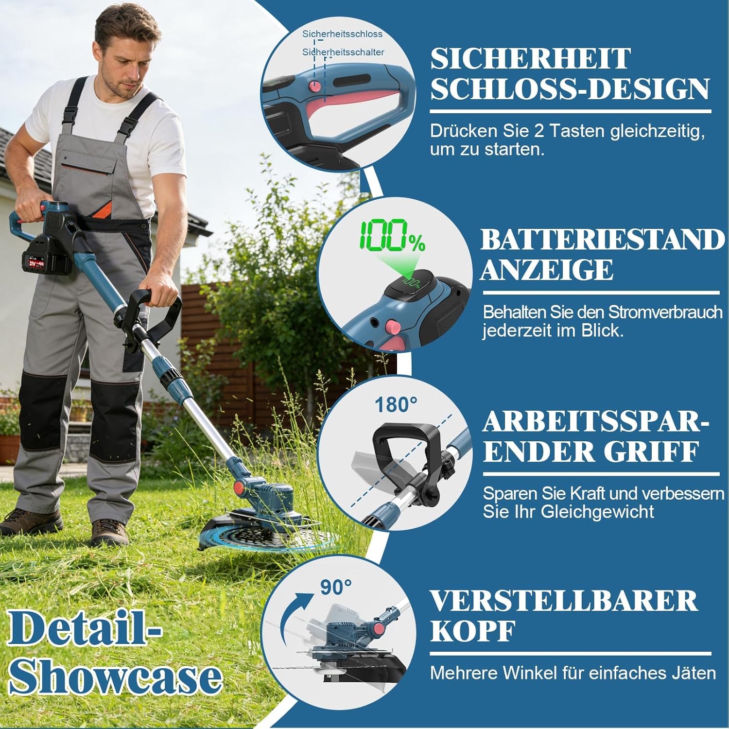 Akku Rasentrimmer HY-13 21V mit bürstenlosem Motor 23 cm Schnittbreite 5 Schneidaufsätze 2 x 4,0Ah Akku Unkrautbürste