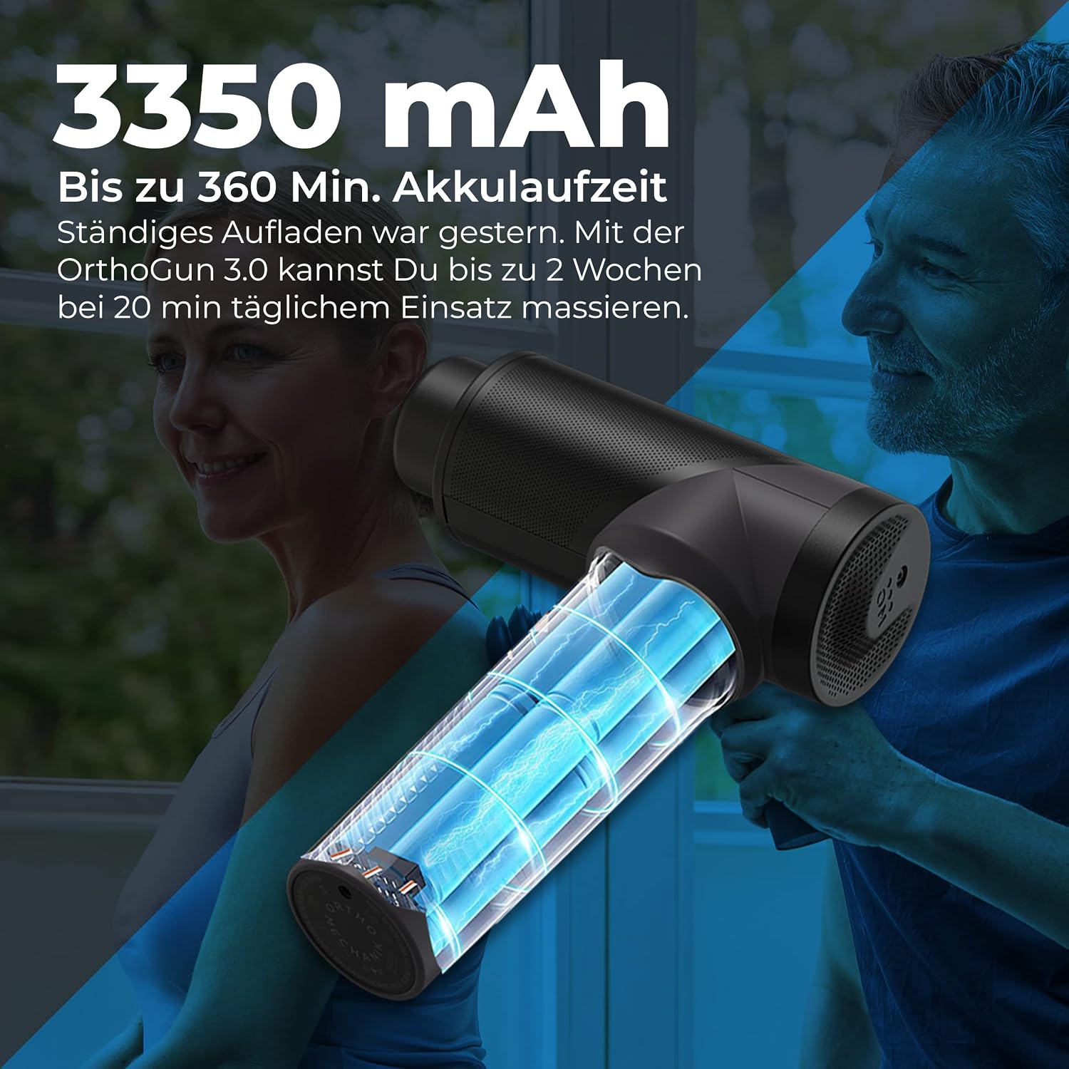 Massagepistole OrthoGun 160W mit App 5 Intensitäten 7 Massageaufsätze Tragetasche Akku Laufzeit bis 360 Min