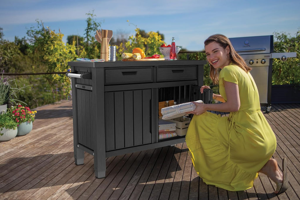 Outdoor Grilltisch Beistelltisch 22634 mit 2 Schubladen Holzoptik Kunstharz Stauraum 124 cm für Garten und Grillbereich