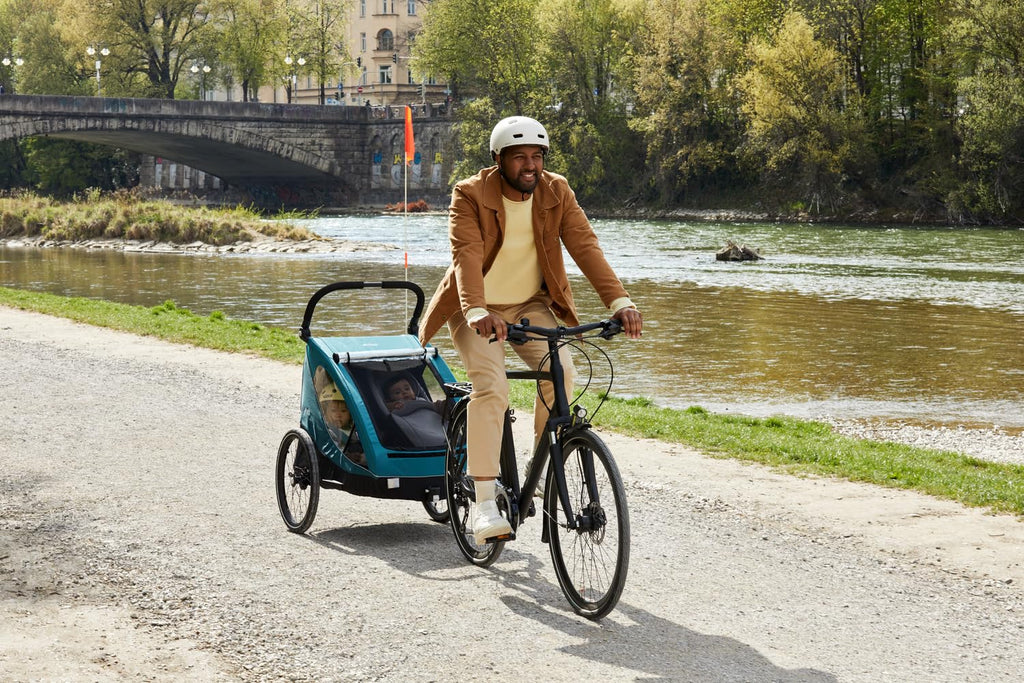 Kinderfahrradanhänger Dryk Duo 2in1 Fahrradanhänger und Buggy für 2 Kinder faltbar mit Deichsel und Sicherheitsfahne