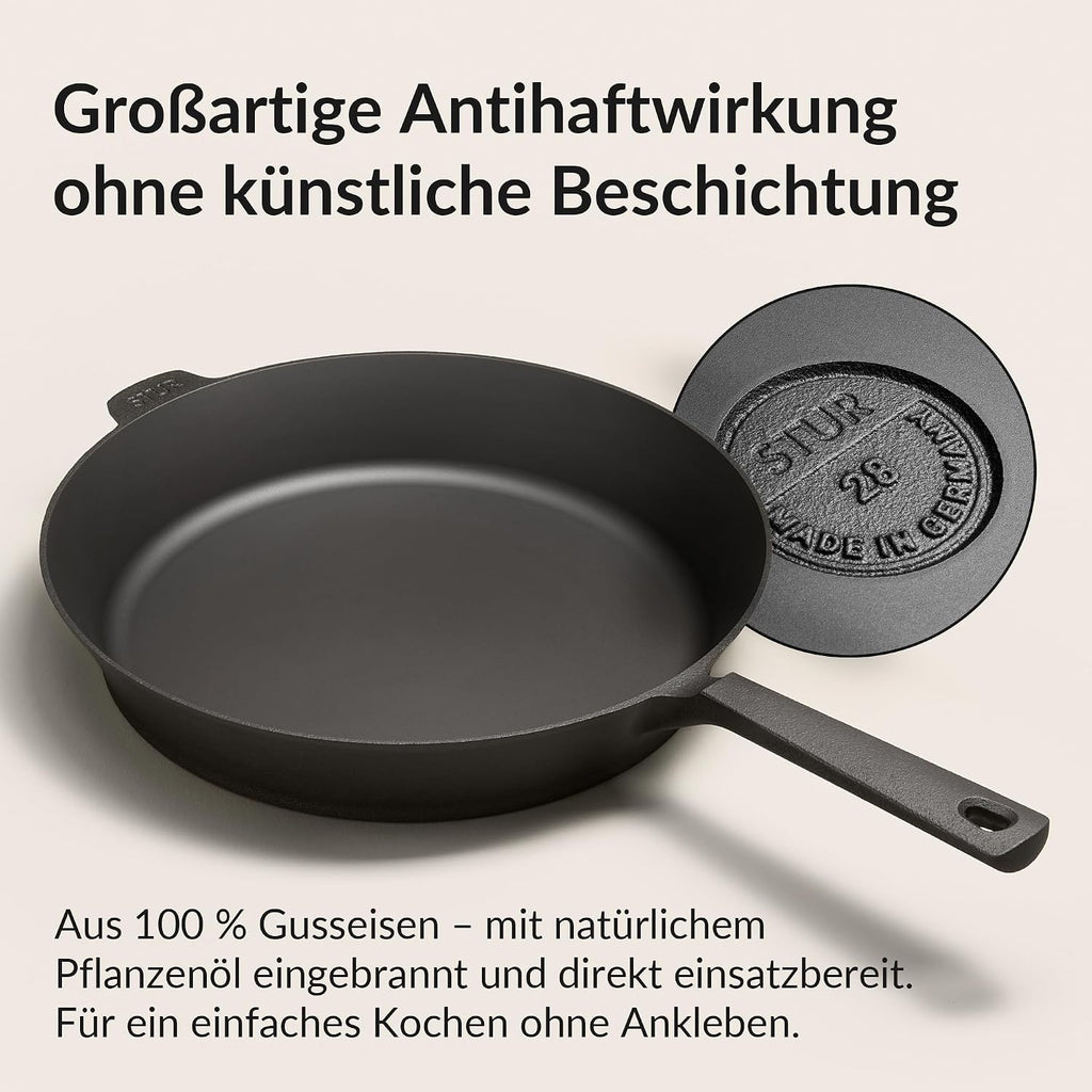 Gusseisenpfanne 28 cm Induktion für alle Herdarten fein geschliffen ohne Beschichtung Made in Germany Cast Iron Pan