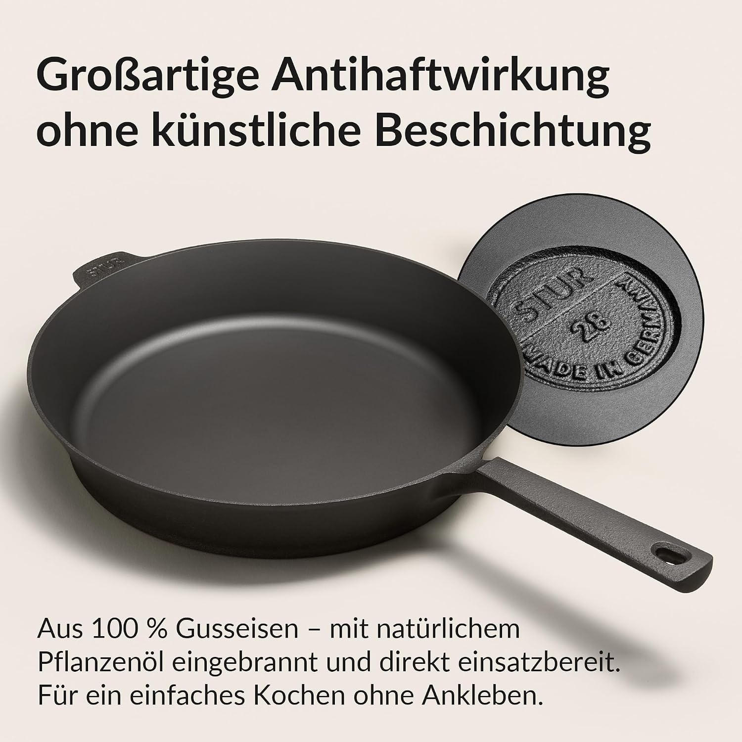 Gusseisenpfanne 28 cm Induktion für alle Herdarten fein geschliffen ohne Beschichtung Made in Germany Cast Iron Pan