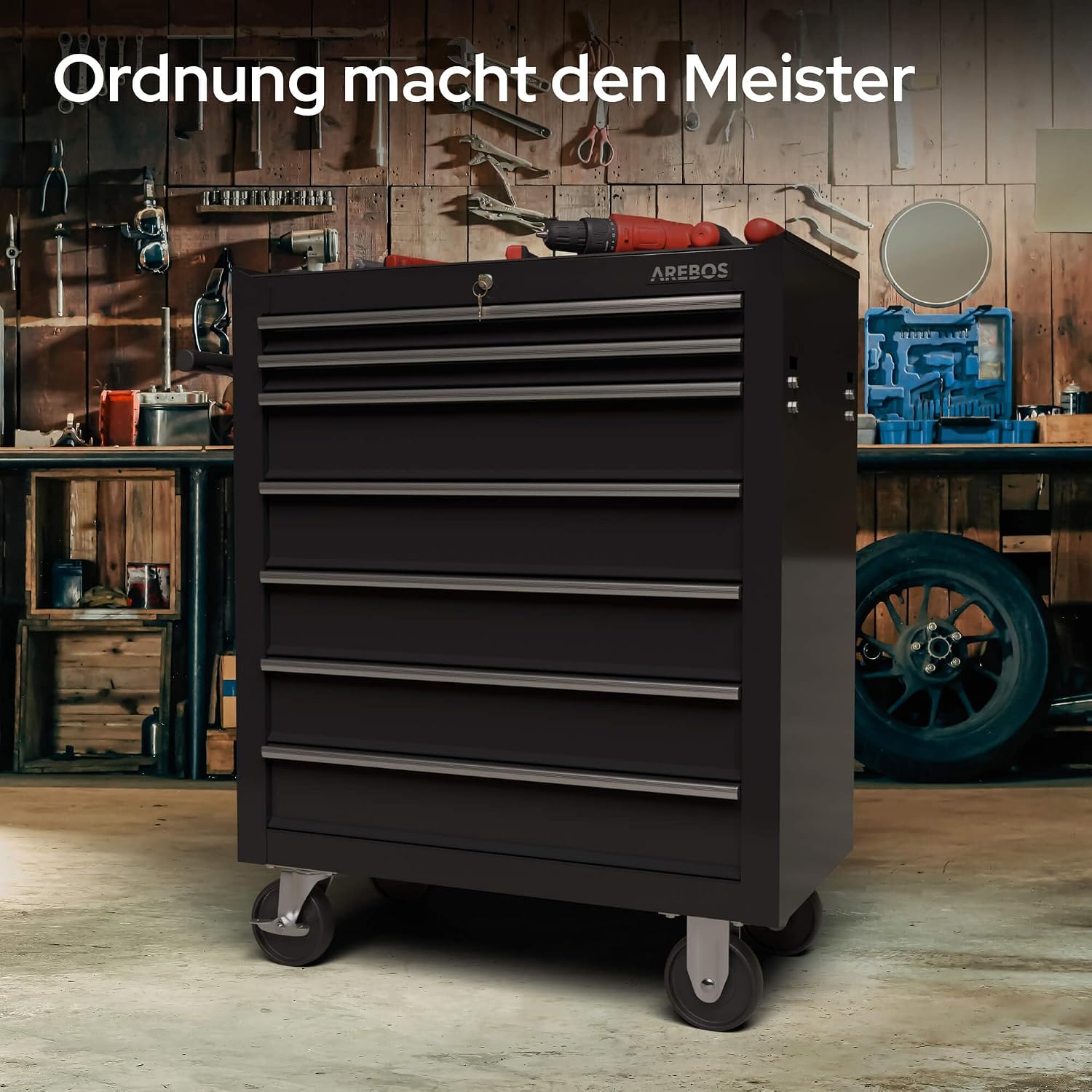 Werkstattwagen mit 7 Schubladen AR-HE-WW7S Werkzeugwagen aus Stahl 70 x 33 x 78 cm mit Zentralverriegelung und 2 Schlüsseln