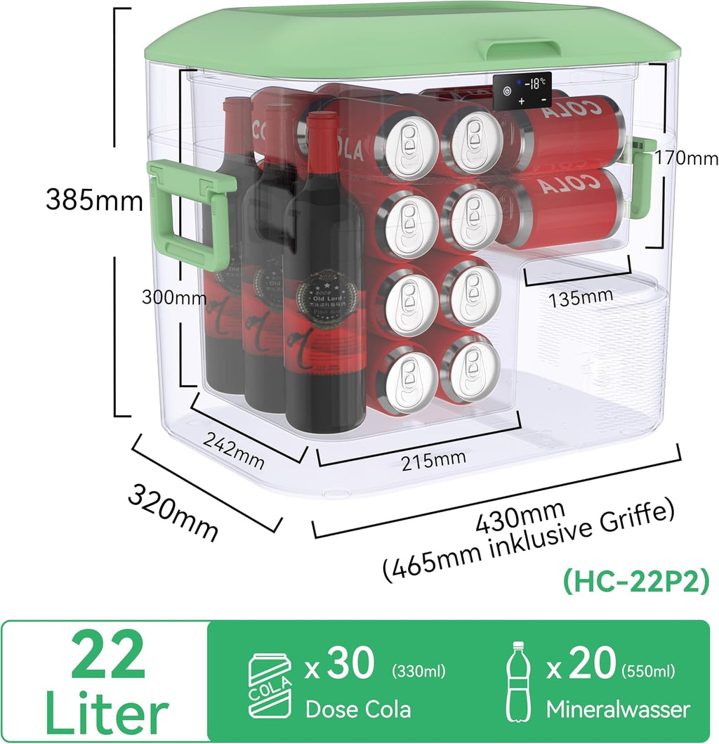 Kompressor Kühlbox 22 Liter HC-22P2 tragbarer Auto Kühlschrank mit 12/24V DC und 230V AC für Camping Wohnmobil und Zuhause