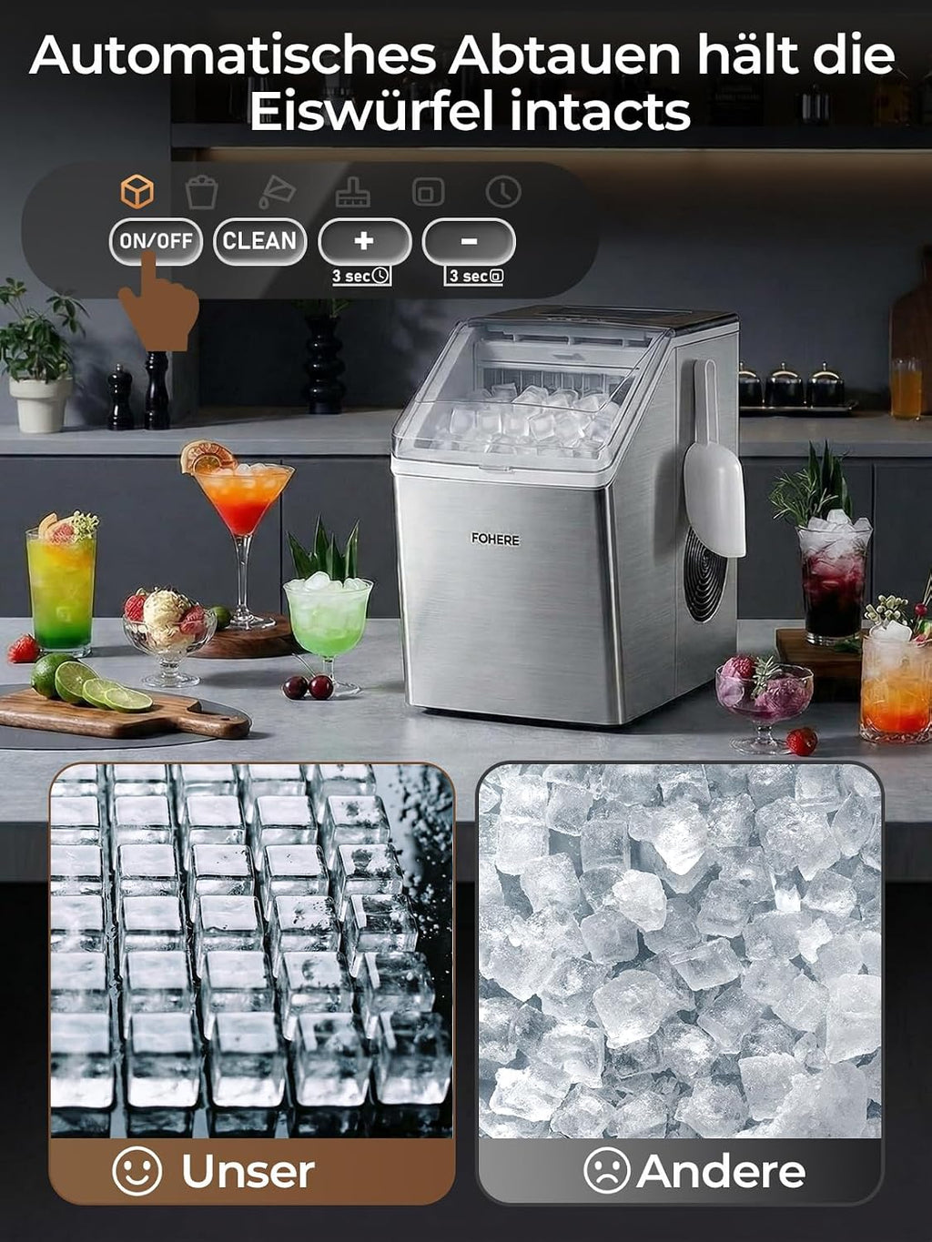 Eiswürfelmaschine Edelstahl 24 kg 24h 3,2 L Wassertank 24 Eiswürfel in 10 Minuten 40 dB Selbstreinigung Timer Abtaufunktion