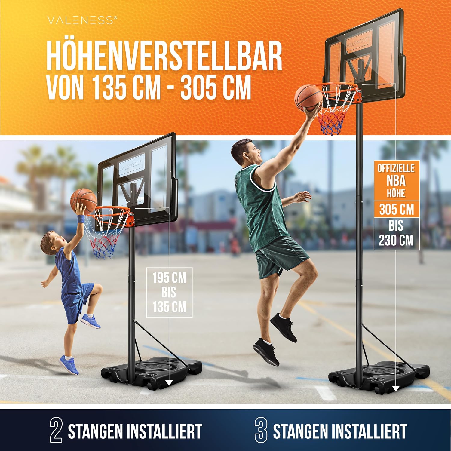 Basketballkorb Outdoor höhenverstellbar 135-305 cm freistehender Basketballständer mit Basketball Größe 7 und Ballpumpe BWS2024