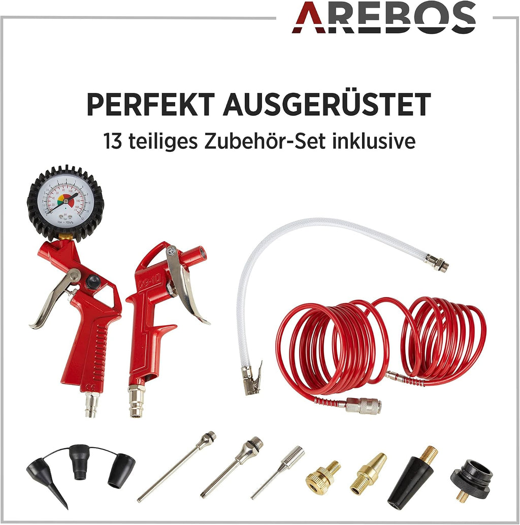 Druckluftkompressor AR-HE-LK150050S 50 L 1500 W 10 bar ölfrei mit 13-teiligem Zubehörset und 5 m Spiralschlauch