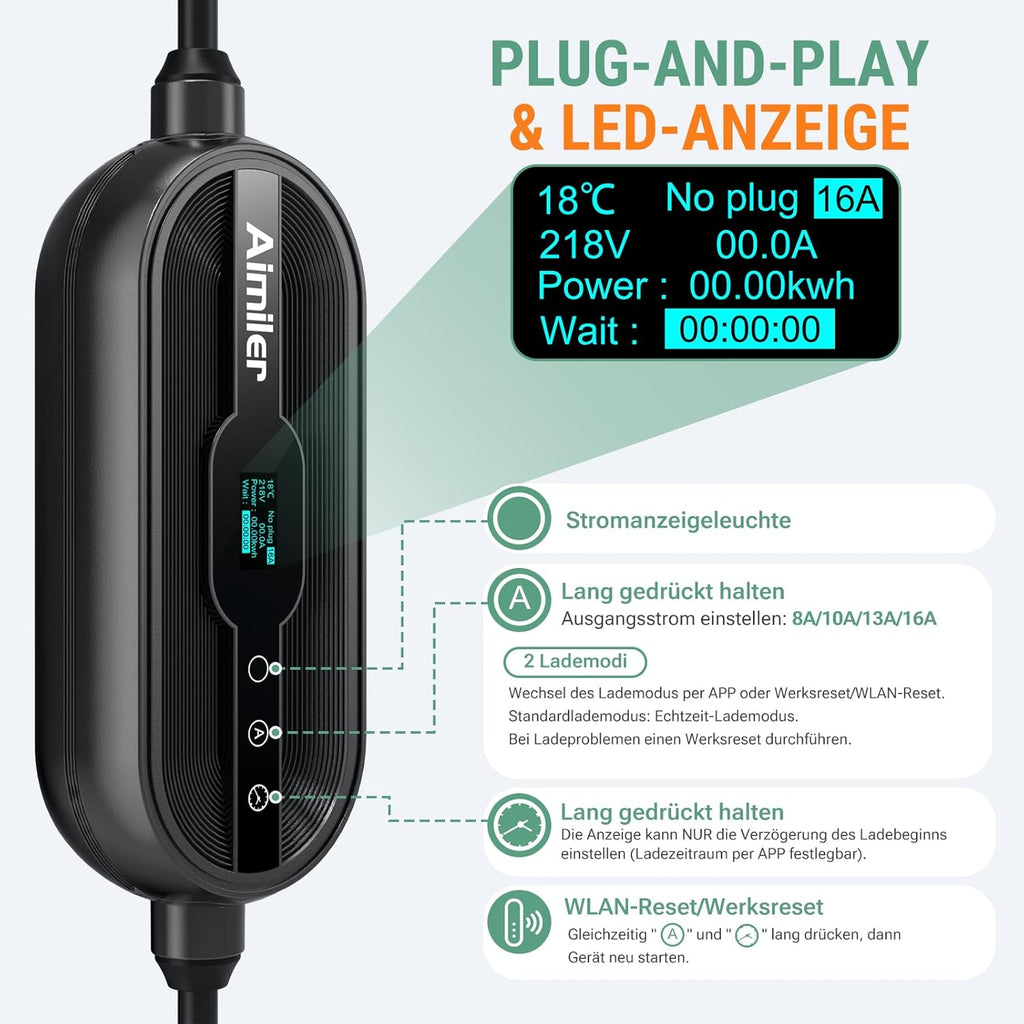 Ladestation Ladegerät 11kW 400V 3-phasig 8-16A Typ 2 7,6m Kabel CEE IP66 App Steuerung mit Wandhalterung