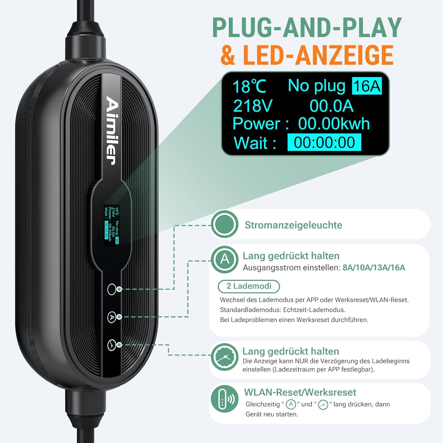 Ladestation Ladegerät 11kW 400V 3-phasig 8-16A Typ 2 7,6m Kabel CEE IP66 App Steuerung mit Wandhalterung