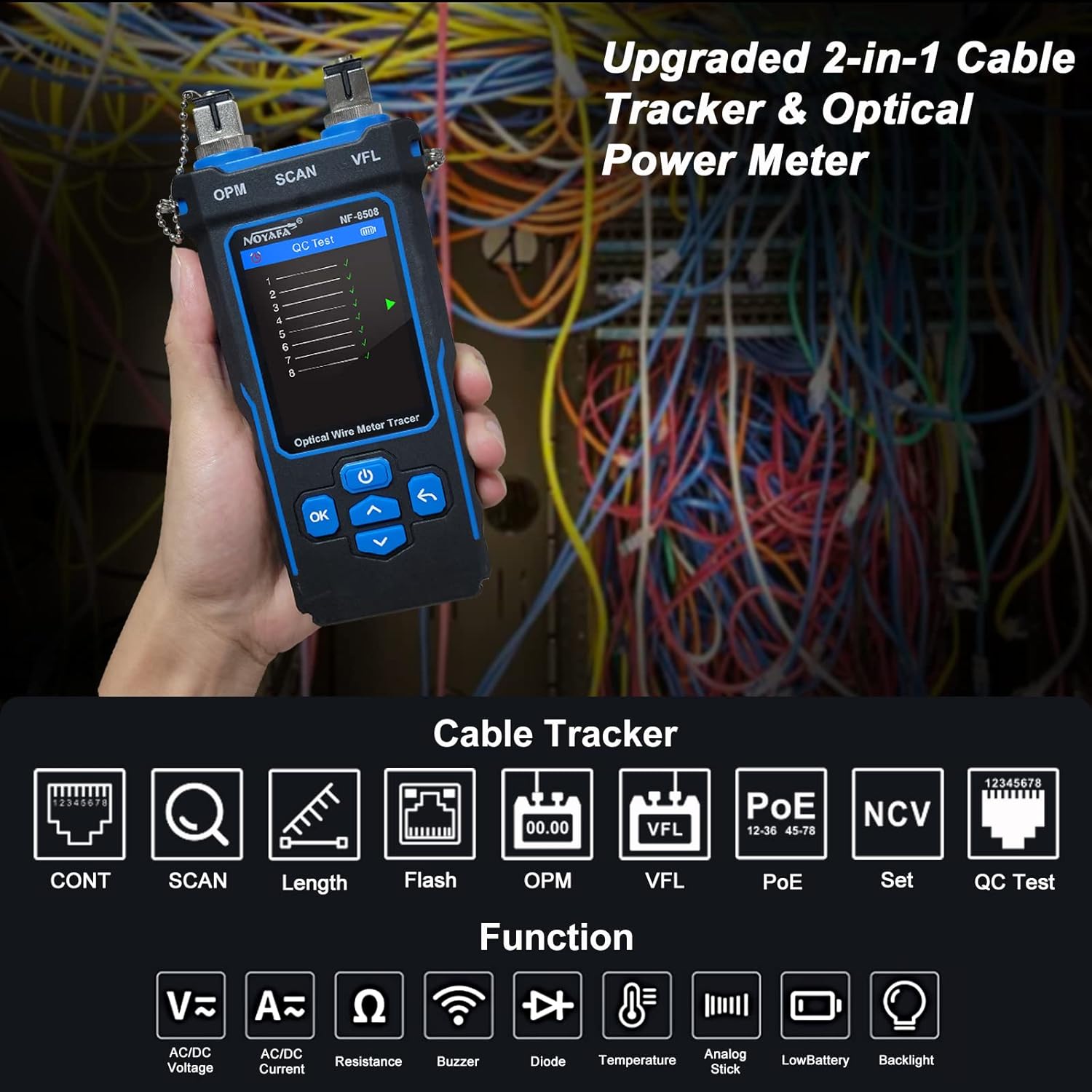 Netzwerkkabeltester NF-8508 mit RJ45 RJ11 PoE Test Optischem Leistungsmesser VFL Funktion CAT5 CAT6 Kabelprüfung