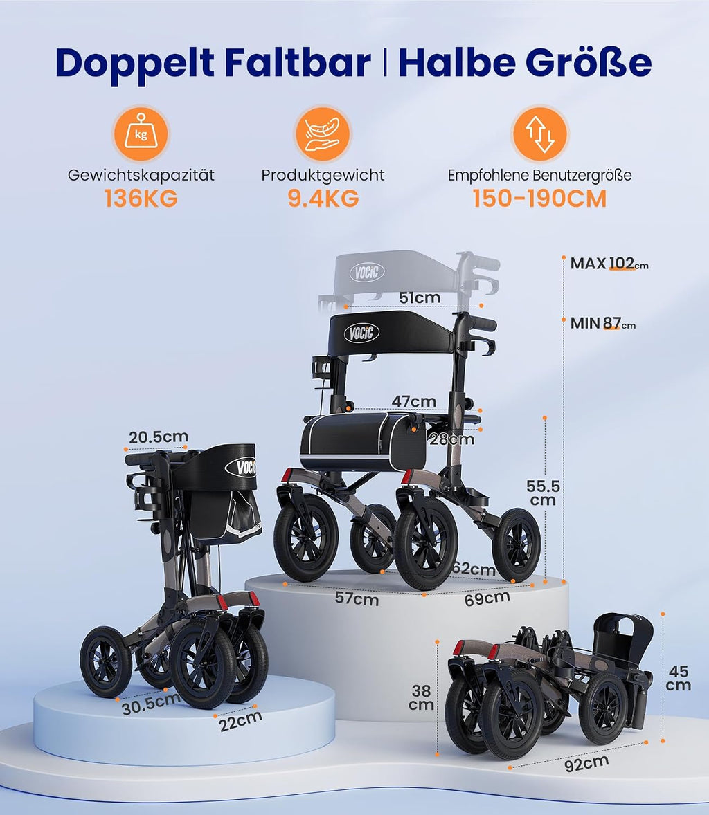 Rollator 4-Rad Gehwagen mit Sitz Aluminium faltbar höhenverstellbar Outdoor pannensichere Gummireifen 136 kg Tragfähigkeit grau