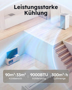 Mobile Klimaanlage A027C-09C 9000 BTU mit Abluftschlauch 3-in-1 Klimagerät für Räume bis 33 m² 24H Timer Fernbedienung R-290