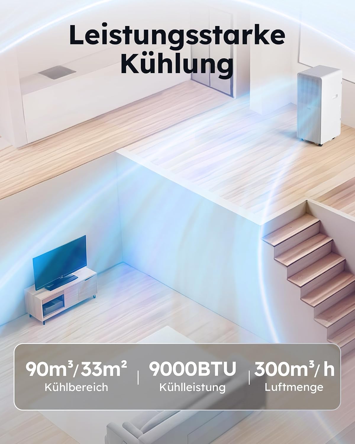 Mobile Klimaanlage A027C-09C 9000 BTU mit Abluftschlauch 3-in-1 Klimagerät für Räume bis 33 m² 24H Timer Fernbedienung R-290