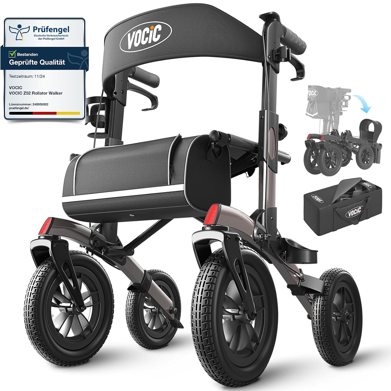Rollator 4-Rad Gehwagen mit Sitz Aluminium faltbar höhenverstellbar Outdoor pannensichere Gummireifen 136 kg Tragfähigkeit grau