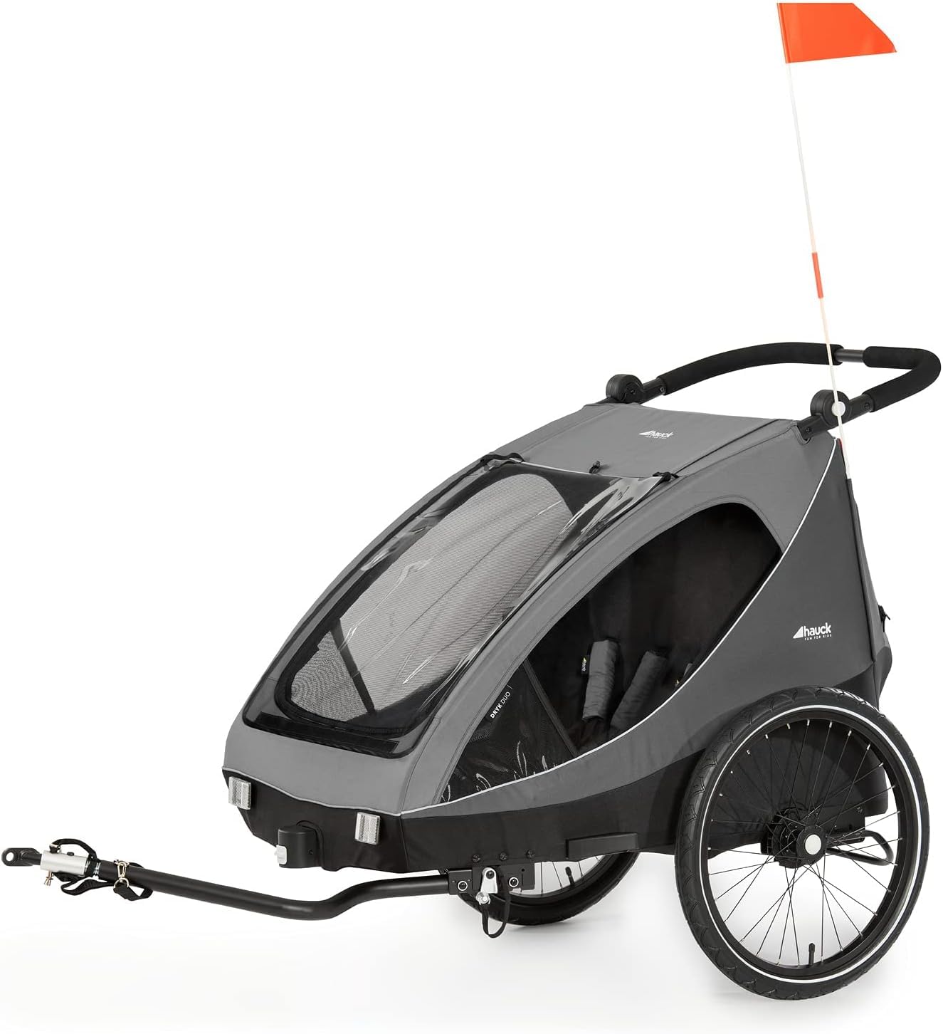 Kinderfahrradanhänger Dryk Duo 2in1 Fahrradanhänger und Buggy für 2 Kinder faltbar mit Deichsel und Sicherheitsfahne