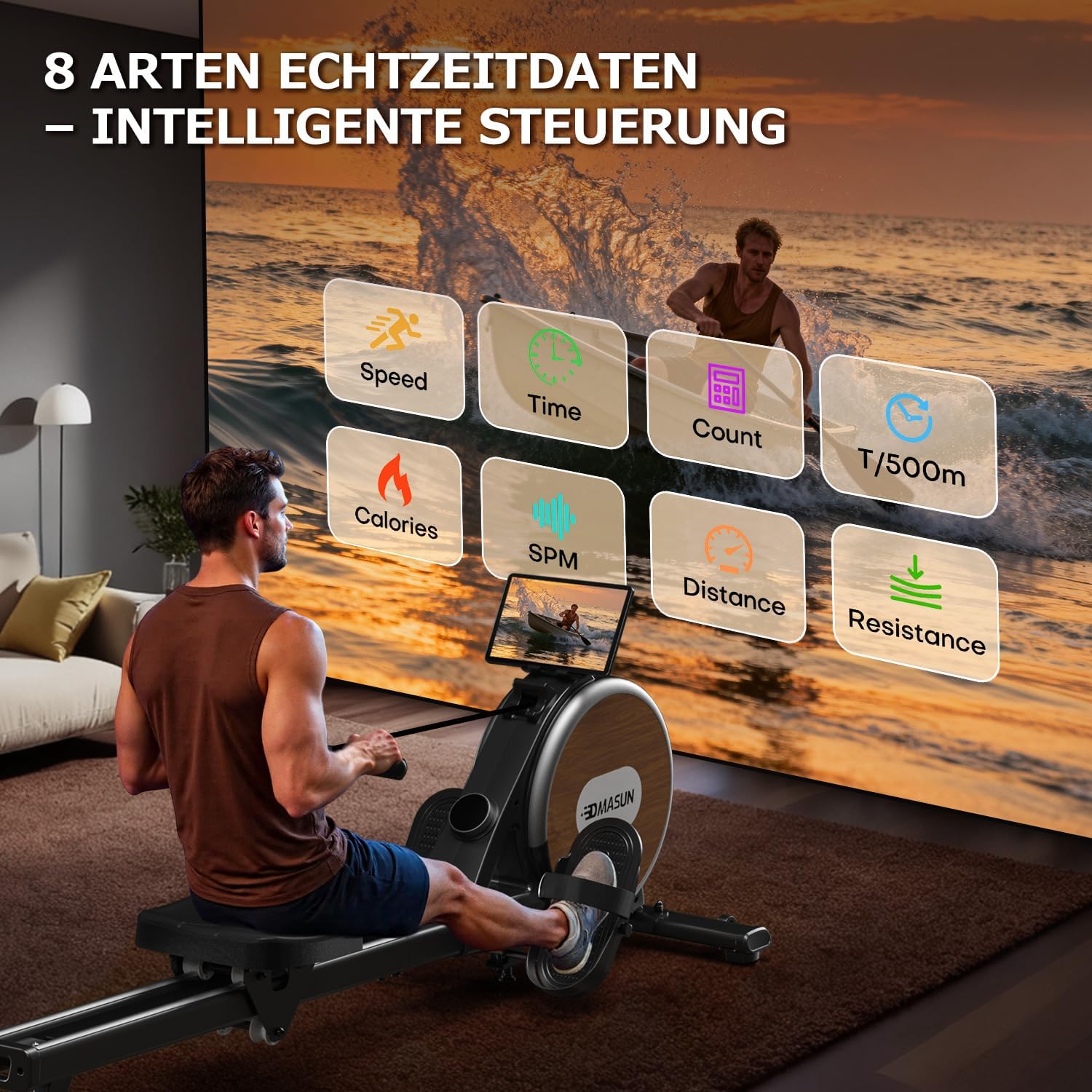 Rudergerät 106M Magnetisches Heimtrainingsgerät mit Doppelschienen 16 Widerstandsstufen APP Verbindung LCD Anzeige