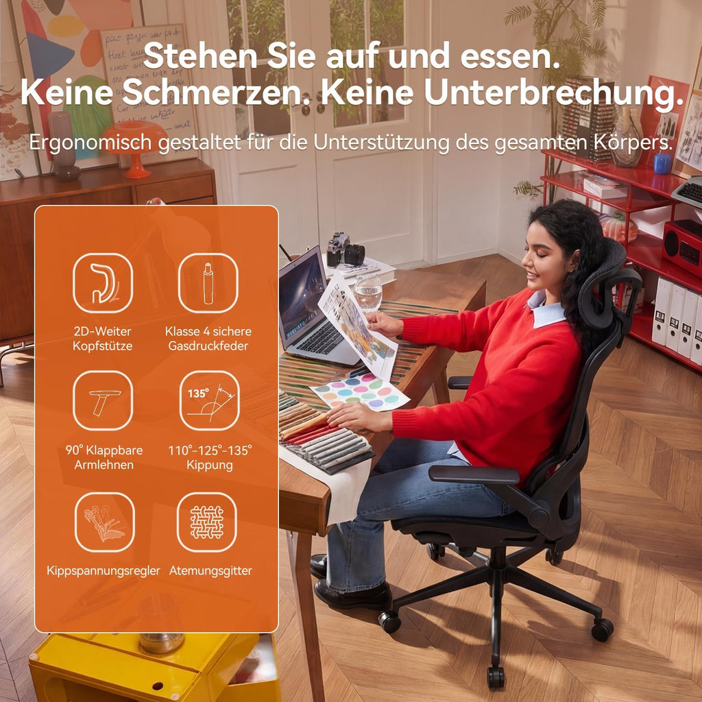 Ergonomischer Bürostuhl mit verstellbarer Lordosenstütze und Kopfstütze B100 Lite 90–135° Neigung Mesh Drehstuhl 72x70x112 cm