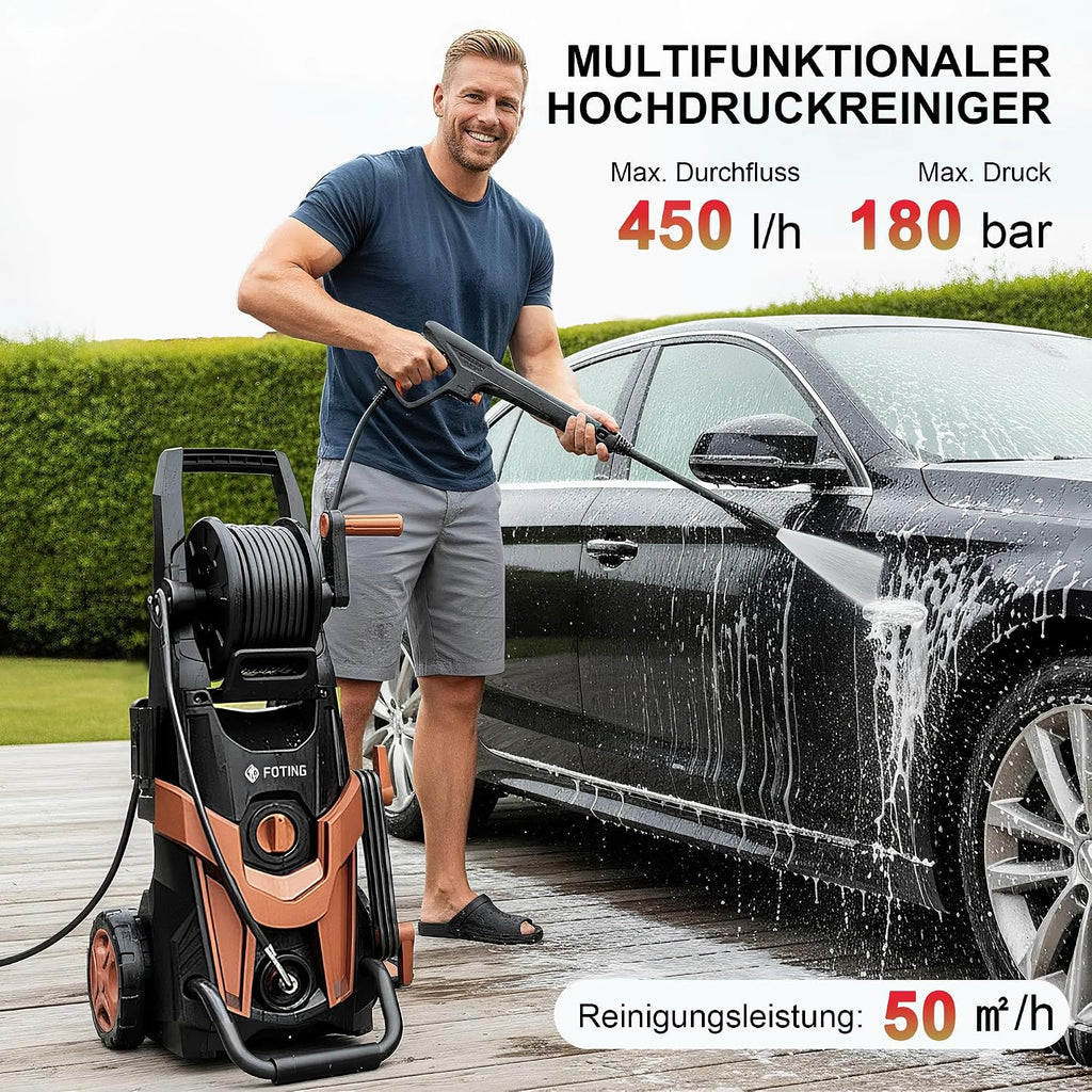 Hochdruckreiniger 180 Bar 450 l/h mit 7 m Hochdruckschlauch Schlauchtrommel 500 ml Reinigungsmittelbehälter 6-in-1-Düse