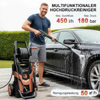 Hochdruckreiniger 180 Bar 450 l/h mit 7 m Hochdruckschlauch Schlauchtrommel 500 ml Reinigungsmittelbehälter 6-in-1-Düse