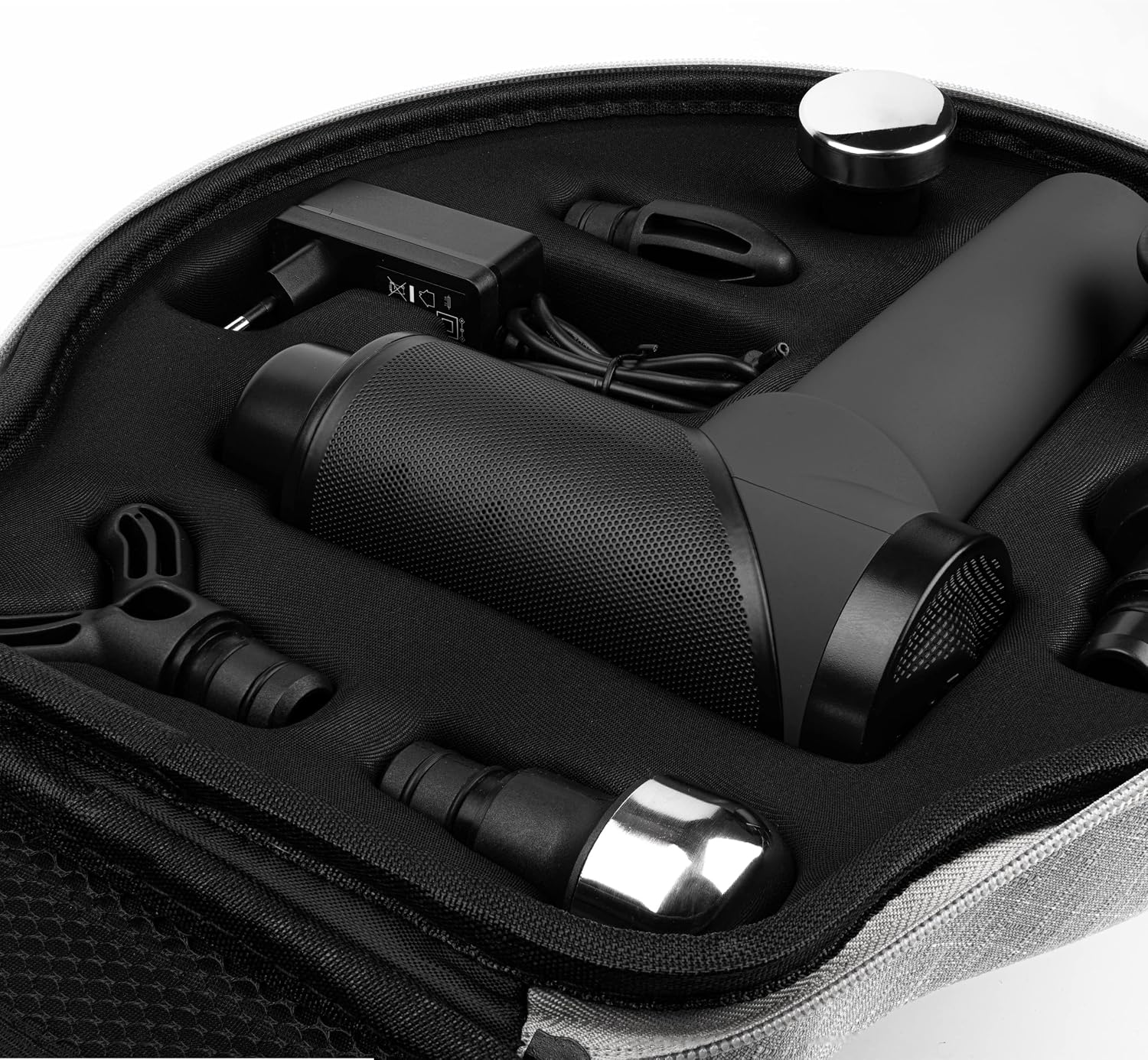 Massagepistole OrthoGun 160W mit App 5 Intensitäten 7 Massageaufsätze Tragetasche Akku Laufzeit bis 360 Min