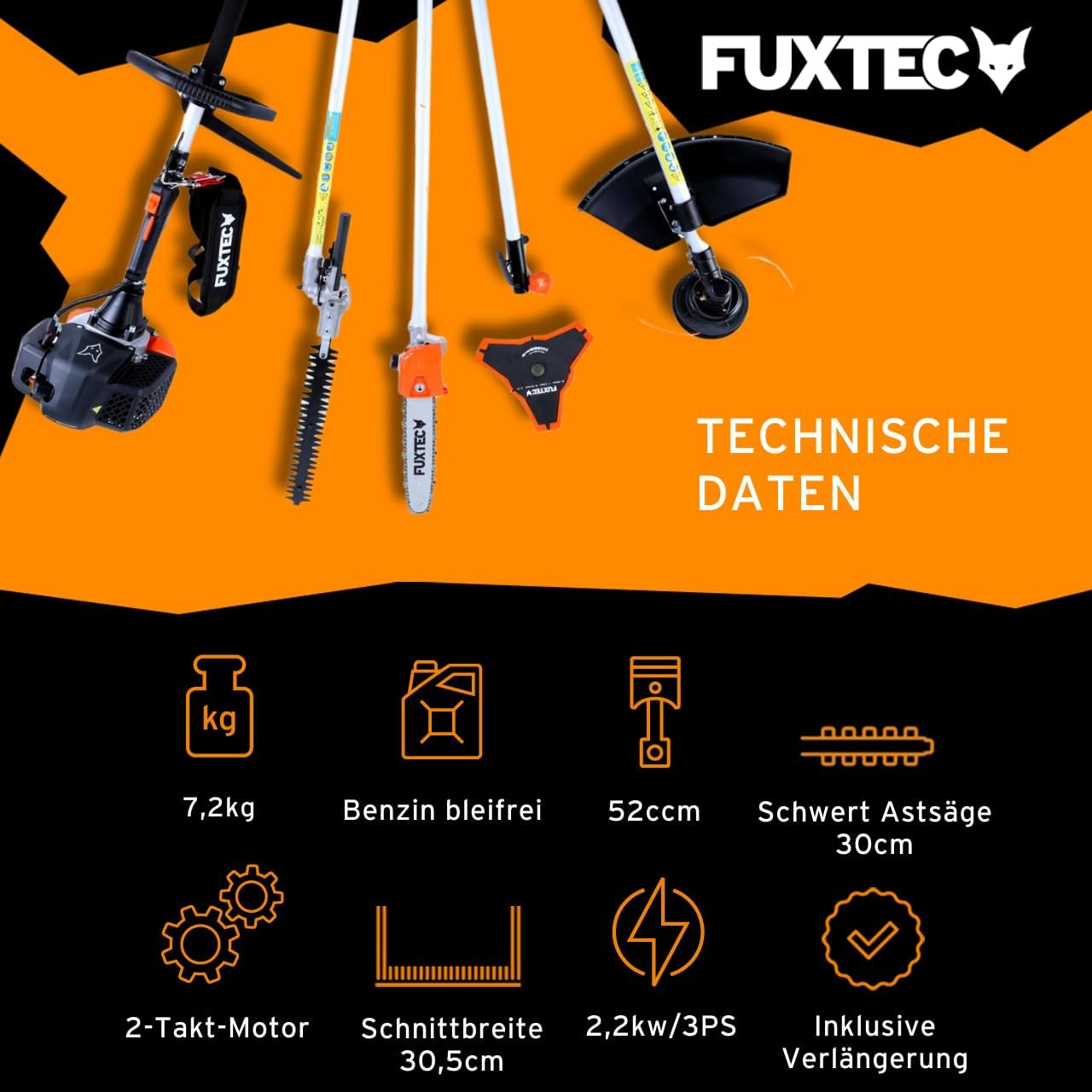 Benzin Motorsense FX-MT152E 5in1 Kombisystem 52 cc 3 PS mit Heckenschere Hochentaster Verlängerung und Tragegurt