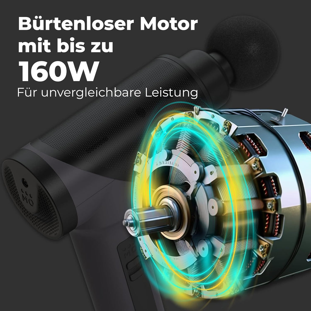 Massagepistole OrthoGun 160W mit App 5 Intensitäten 7 Massageaufsätze Tragetasche Akku Laufzeit bis 360 Min